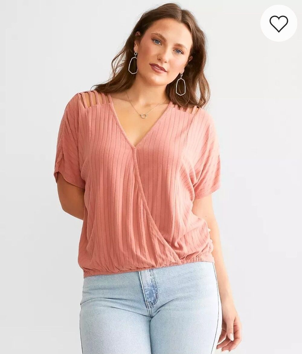 NWT Daytrip Buckle Pink Ribbed Caged Lattice Neck Surplice Wrap Top L